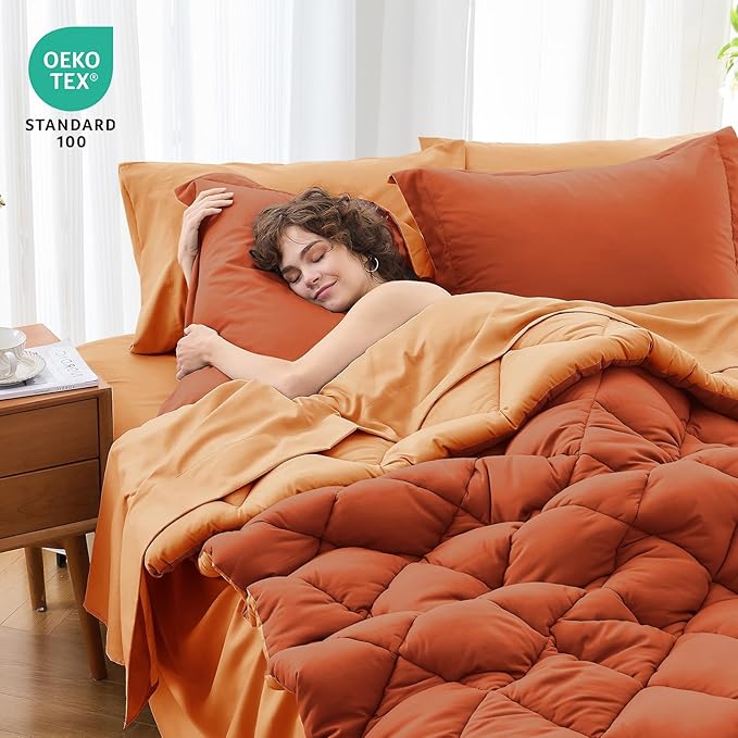 MUXHOMO 7 Pieces King Comforter Set, Reversible Bed in a Bag King Size, All Season Bedding Set with Comforter, Flat Sheet, Fitted Sheet, Pillowcases & Shams, Burnt Orange & Camel