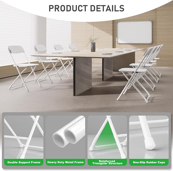 Folding Chairs10 Pack,Plastic Folding Chairs with Steel Frame,White Folding Chairs for Outdoor Heavy Duty 350lb Capacity Portable Event,Wedding Party Office Dining