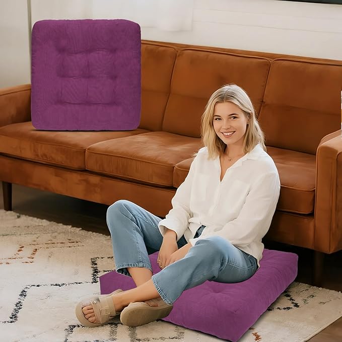 Meditation Floor Pillow Set of 2, Square Large Pillows Seating for Adults, Tufted Corduroy Cushion for Tatami Living Room, 22x22 Inch FP-Purple
