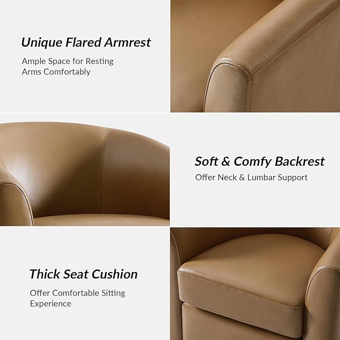 HULALA HOME Genuine Leather Swivel Accent Chair with Solid Wood Base, Round Swivel Barrel Chair for Living Room and Bedroom, Camel