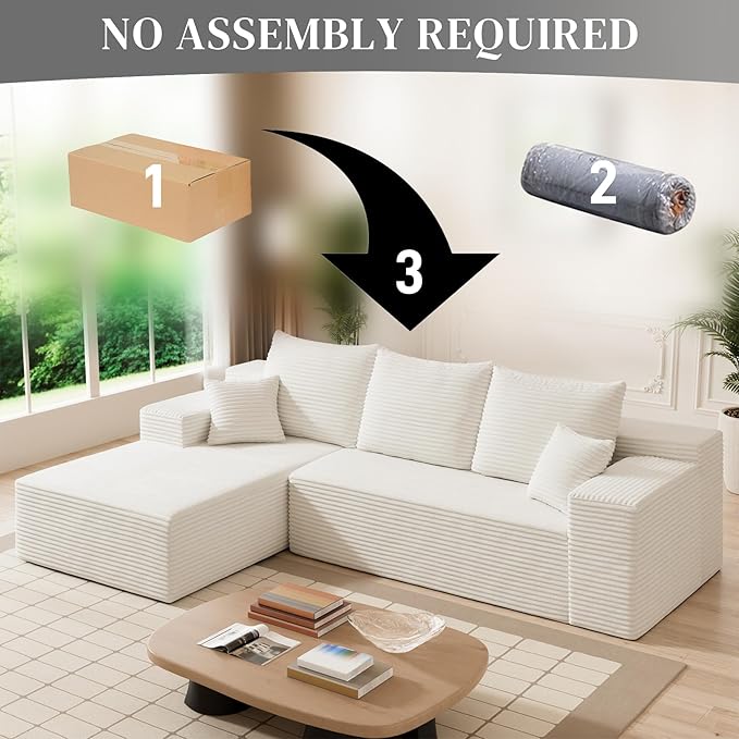 HYJT-H&K Modular Sectional Sofa Cloud Sectional Couch, 107" Comfy Fluffy L Shaped Beige Couches for Living Room, Deep Seat Memory Foam Plush Corduroy Boneless Couch Sectionals Left Facing Chaise Sofa