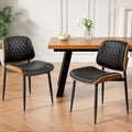 Dining Chairs Set of 2, Mid-Century Modern Upholstered PU Leather Chairs with Walnut Back and Metal Legs Adjustable Feet for Kitchen Dining Room, Black Diamond Plaid