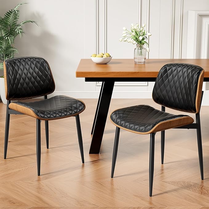 Dining Chairs Set of 8, Mid-Century Modern Upholstered PU Leather Chairs with Walnut Back and Metal Legs Adjustable Feet for Kitchen Dining Room, Black Diamond Plaid