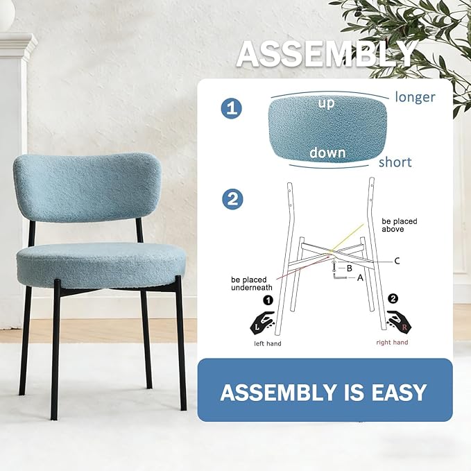 Stabrech Blue Boucle Dining Chairs Set of 6, Upholstered Dinner Chair with Metal Frame, Dining Room Chairs with Padded Seat, Round Modern Seating for Living Room