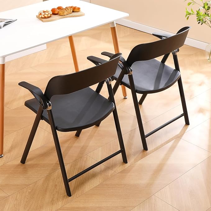 Folding Office Chair, Plastic Folding Chairs with Detachable Armrest, Stackable Dining Chairs, Portable Foldable Chair for Indoor, Outdoor, Wedding, Party, Picnic, Yard, Garden (Black, 2Pack)