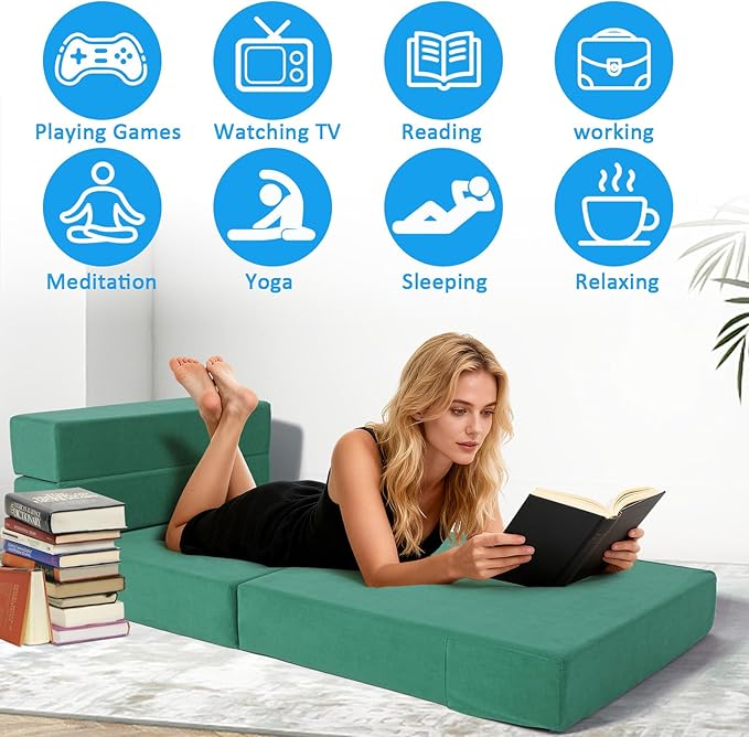 Folding Sofa Bed with Backrest 4 in 1 Convertible Sleeper Chair Memory Foam Fold Out Chair Bed Foldable Mattress Portable Floor Futon Sofa Couch for Living Room/Dorm/Guest Room/Home Office