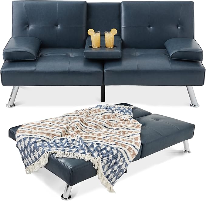 Best Choice Products Faux Leather Upholstered Modern Convertible Futon, Adjustable Folding Sofa Bed, Guest Bed w/Removable Armrests - Blue