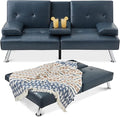 Best Choice Products Faux Leather Upholstered Modern Convertible Futon, Adjustable Folding Sofa Bed, Guest Bed w/Removable Armrests - Blue