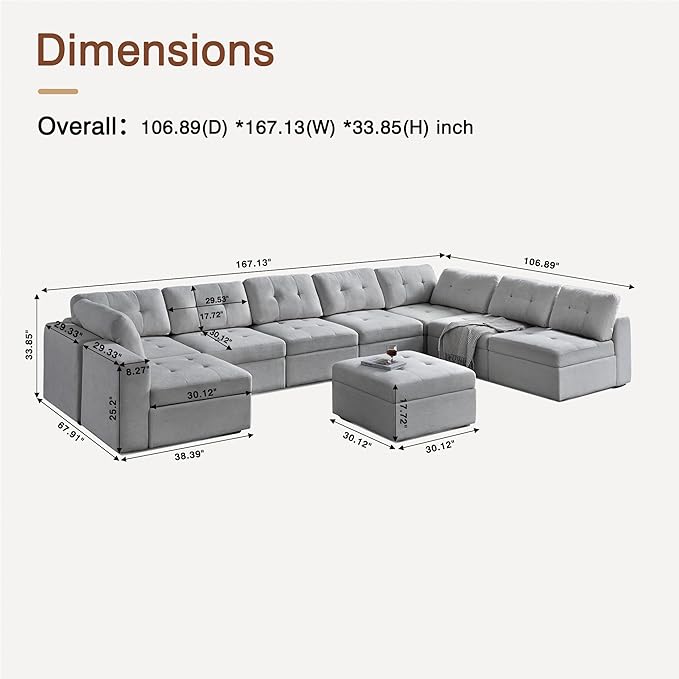 ORRD Oversize Modular Sectional Couch, Convertible U Shaped Sofa with Storage, 9 Seater Sofa Modular with Ottomans and Reversible Chaise for Living Room, Office (Grey)