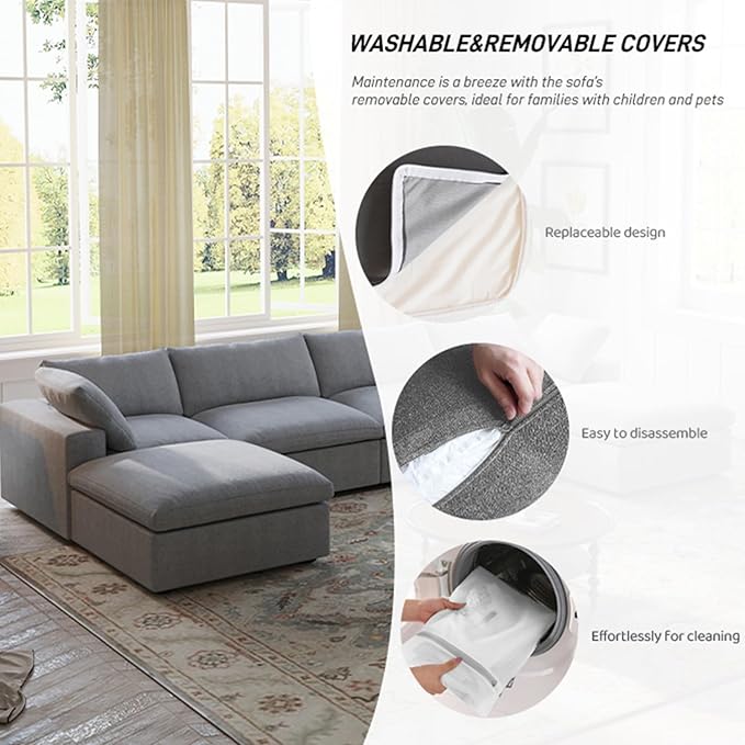 Cloud Modular Sectional Sofa,Down Filled U Shaped Couch for Living Room,Oversized 8 Seater Living Room Sets Minimalist Wide Deep Seat Convertible Couches,Sofa Cover Washable & Removable (Grey)
