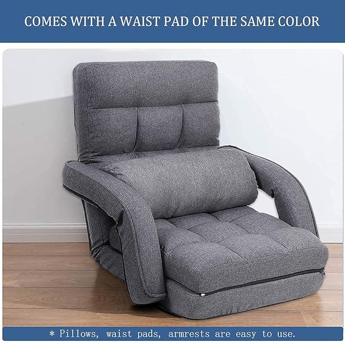 FLOGUOR Indoor Floor Gaming Chairs for Adults with Back Support,Chaise Lounge, 14-Position Folding Lazy Sofa with Pillow for Living Room, Bedroom, Balcony(Grey) 8803GR