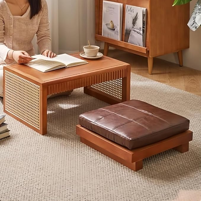 VZMEXOI Wooden Small Seating with Cushion, Low Meditation Seat, Single Sofa Floor Chair, Bay Window Sitting Chair, Floor Cushions for Living Room Relaxation(15.7"*15.7")