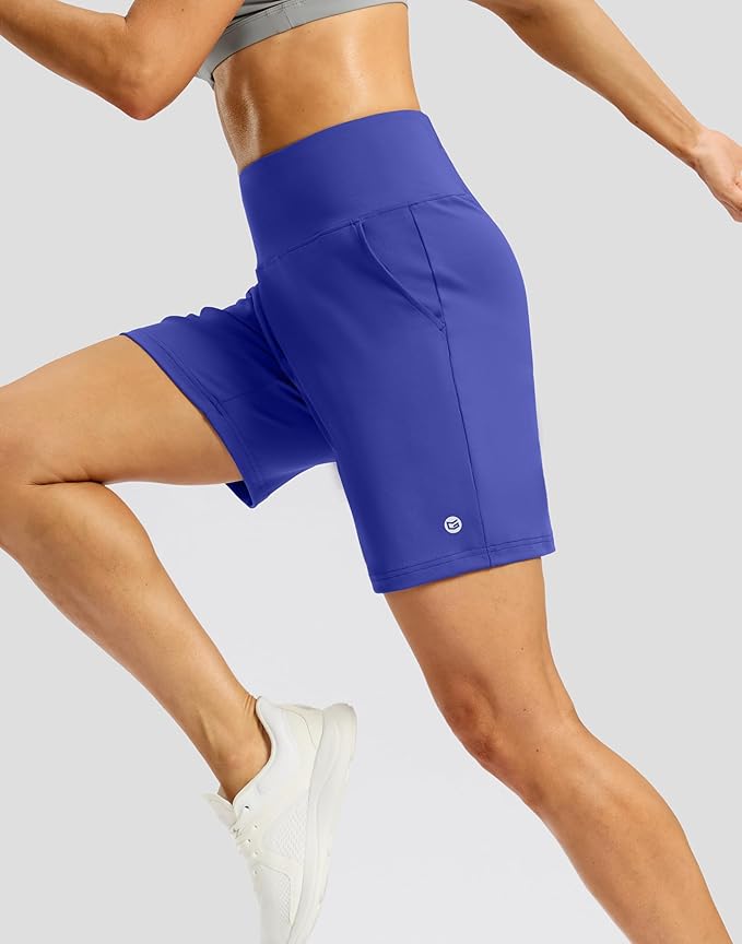 Women's Athletic Shorts with Zipper Pocket 7" High Waisted Stretchy Bermuda Shorts for Women Workout Running Casual