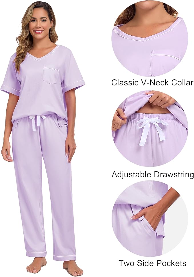 CF Women's 100% Cotton Pajama Sets Soft Short Sleeve Tops & Pants Comfy Sleepwear 2 Piece Lounge set with Pockets Loungewear