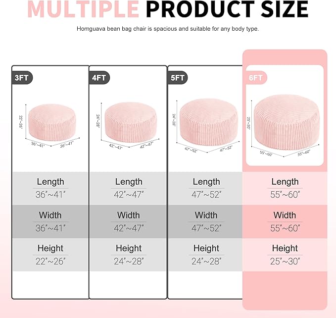 Homguava 6 FT Bean Bag Chair,6' Big Bean Bag,Giant Bean Bag Chairs for Adults with Memory Foam Filled,Comfy Large Beanbag Chairs Soft Bean Bag Sofa with Dutch Corded Plush Cover-Soft Pink