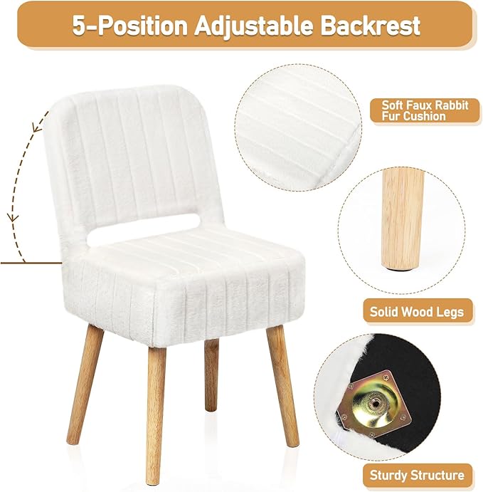Shinoske Vanity Stool with Storage,White Faux Rabbit Fur Small Makeup Chair for Vanity,Storage Ottoman with Folding Back,Modern Footstool with 4 Solid Wood Legs for Bedroom,Living Room,Home Office