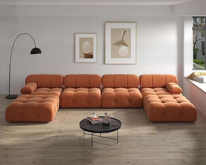 JACH U-Shaped Modular Sectional Couch, 138"" Minimalist Velvet Sofas, Convertible Couches, Mid-Century Modern Sectional Sofa with Chaise Ottomans for Living Room Apartment (Orange), 105OR-U-U