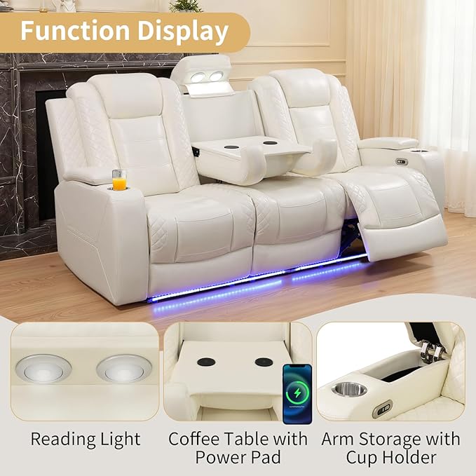Caberryne Power Recliner Sofa Set with LED Lights,Leather Reclining Couch with Coffee Table/Storage Console/Cup Holder,Reclining Living Room Set with 5 Recliner Seats for House(3 Piece Set,Creamy)