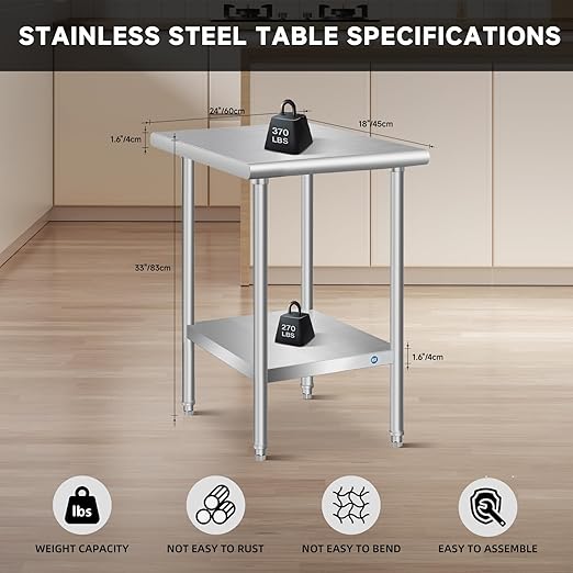 PIUMACU Stainless Steel Table for Prep & Work, Commercial Stainless Steel Prep Metal Table for Home Kitchen Restaurant Space Expansion (24 x 18 x 33 Inch)
