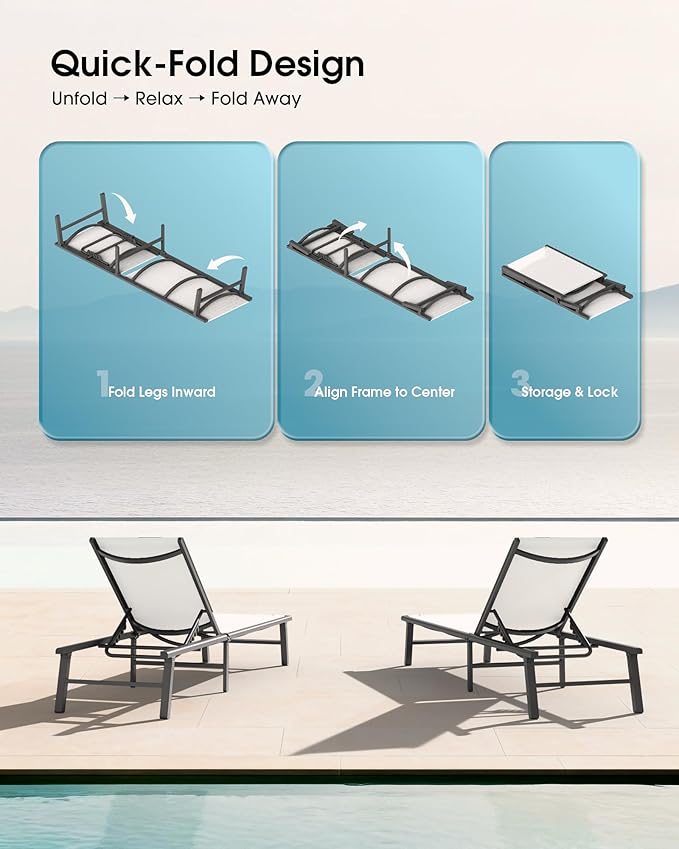 Ciokea Aluminum Outdoor Lounge Chair Set of 2- No Assembly Needed, Foldable Patio Chaise Lounge with 5 Adjustable Positions, Reinforced Frame for Extra Durability, Pool Beach Lounge Chair,White