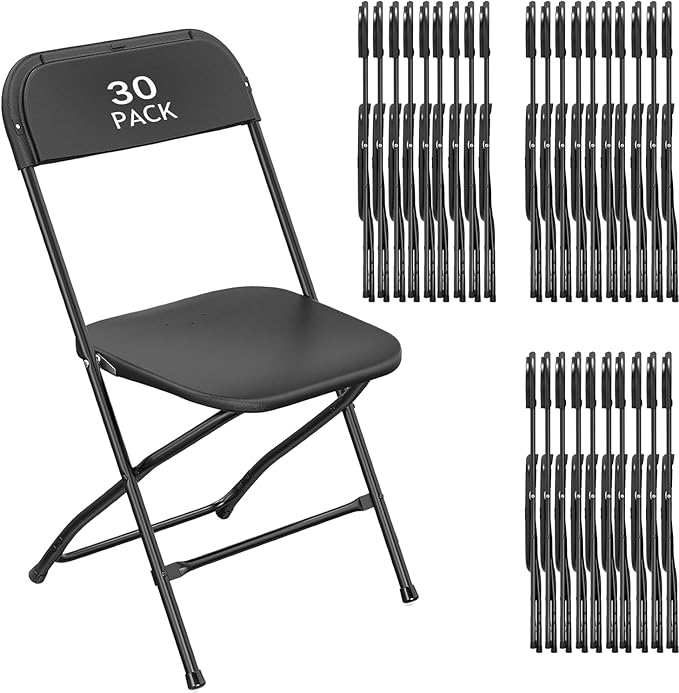 30 Pack Black Plastic Folding Chair, Indoor Outdoor Portable Stackable Commercial Seat with Steel Frame 350lb. Capacity for Events Office Wedding Party Picnic Kitchen Dining
