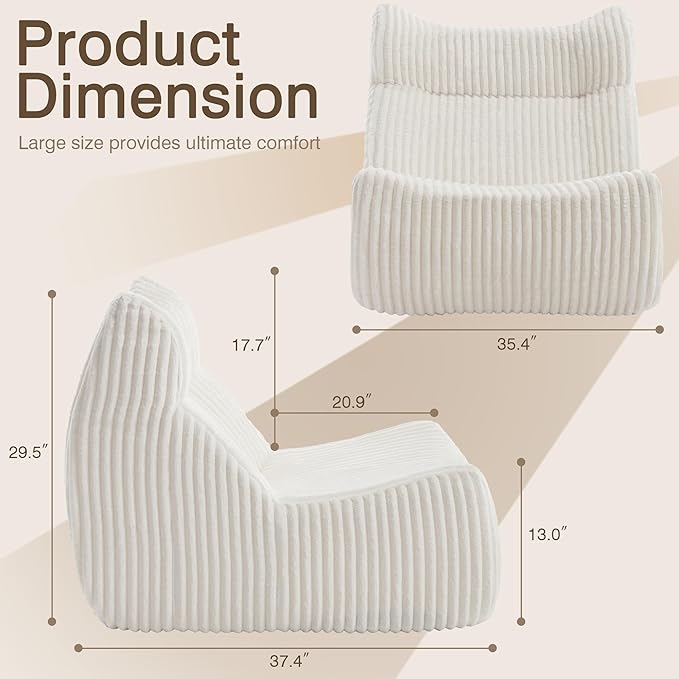 Big Bean Bag Chairs, Lazy Floor Sofa, Fireside Chair for Living Room, Bedroom, Office (White, Single Seat)