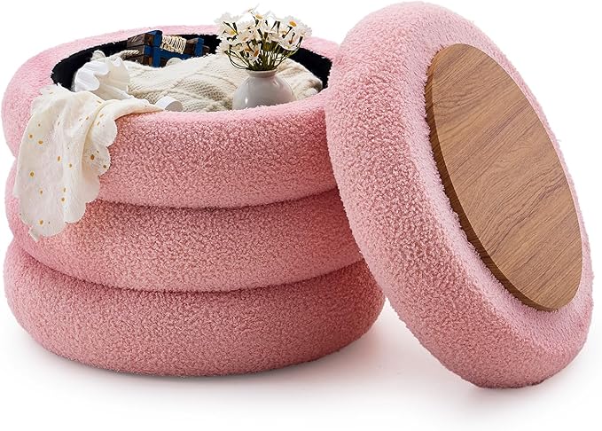 Wimarsbon Round Storage Ottoman, Modern Sherpa Footstool, Teddy Vanity Stool with Flip-Top Tray, Makeup Chair for Home Decor, Upholstered Footrest for Living Room & Bedroom (Pink L)