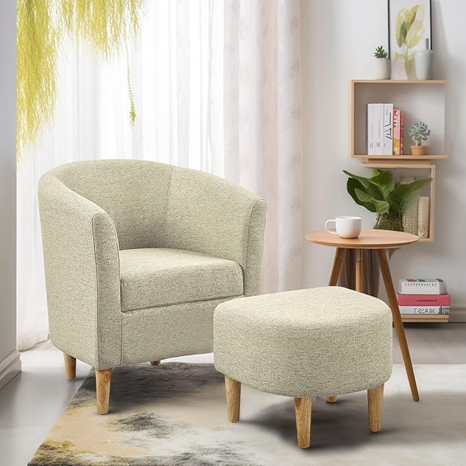DAZONE Accent Chair Set of 2 Mid Century Modern Chair with Ottoman Comfy Armchair Footrest Set Comfortable Living Room Chairs Upholstered Barrel Club Tub Sofa Chair for Bedroom Reading Room Beige