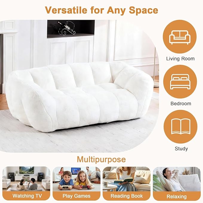 Bean Bag Chair, Giant Bean Bag Chairs for Adults Kids, Fluffy Loveseat Bean Bag Sofa with Armrest, Ultra Soft Love Seat Small Sofa Couch, Faux Fur Floor Chair for Living Room Bedroom, Beige