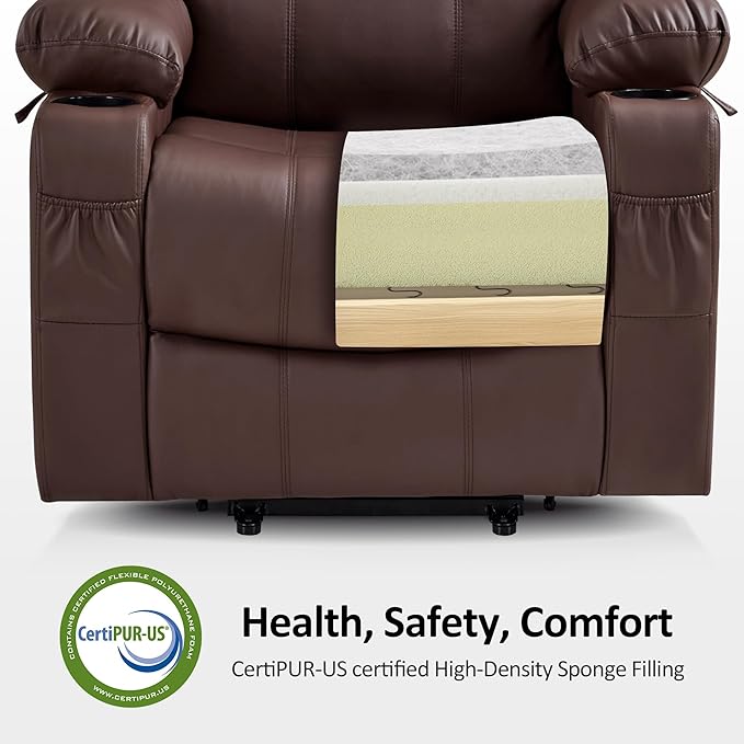 MCombo Large Power Lift Recliner Chair with Massage and Heat for Tall Elderly People, 3 Positions, Cup Holders, and USB Ports, Faux Leather 7516 (Large, Light Brown)