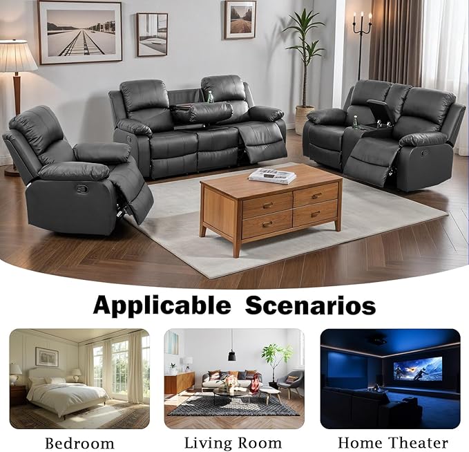 Caberryne Leather Recliner Sofa Set，Leather Reclining Couch for Living Room Furniture Sets，Black Recliner Couch with 5 Recliners for Living Room/Office/Theater Seating(Sofa Set 3 Pieces)