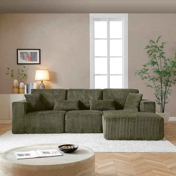 Vanress 110" Cloud Couch Sectional, Corduroy Boneless Couch with L-Shape Chaise,Modern Modular Sectional Sofa Comfy Deep Seat for Living Room, Bedroom, No Assembly (Green, Right Facing Chaise)