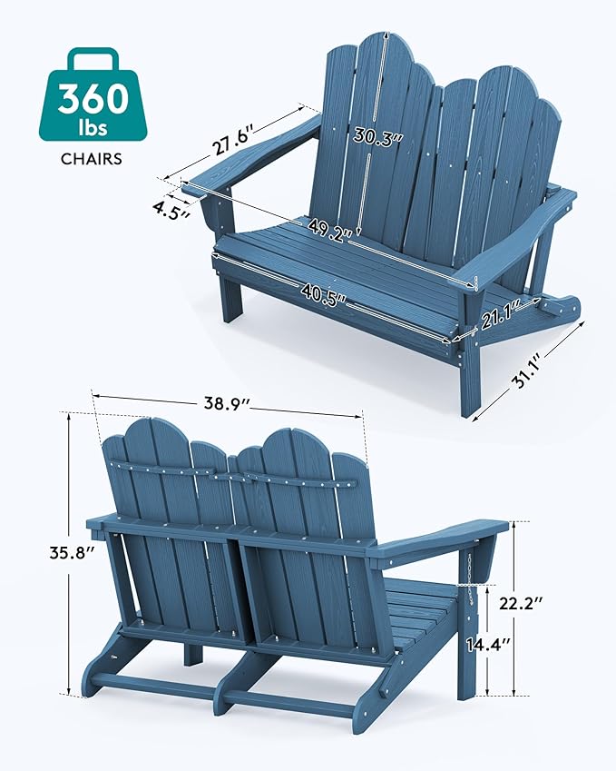 SERWALL 3 Pieces Patio Adirondack Bench Set, 2 Folding Adirondack Bench and 1 Coffee Table Set for Front Porch Garden Balcony Backyard, Navy