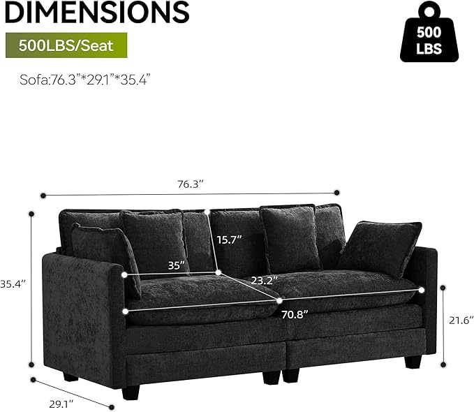 UMBFUN 2-Seater Cloud Couch, Oversized Comfy Modular Sectional Sofa with Deep Seat Cushions, Chenille Loveseat for Living Room, Apartment & Small Spaces, Dark Grey