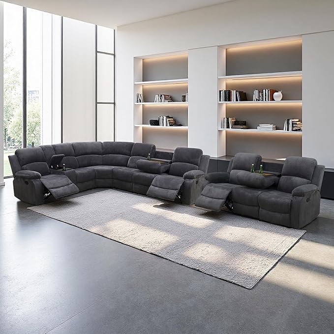 SIENWIEY Manual Recliner Sectional Sofa for Living Room,L Shaped Reclining Sectional Corner Couch with Sofa,Gray Corduroy Recliner Sofa Set with Storage Console/Drop Down Coffee Table/Cup Holders