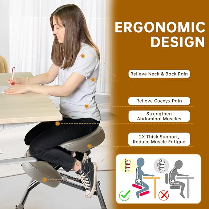 PU Leather Ergonomic Kneeling Chair, Adjustable Home and Office Stool with Thick Pads and Flexible Lockable Brake Wheels for Back Pain Relief（Dark Brown）