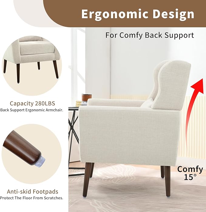 CHSICFOR Modern Accent Chair, Upholstered Arm Chair with Waist Pillow, Single Sofa Chair for Living Room Bedroom Small Spaces (Beige)