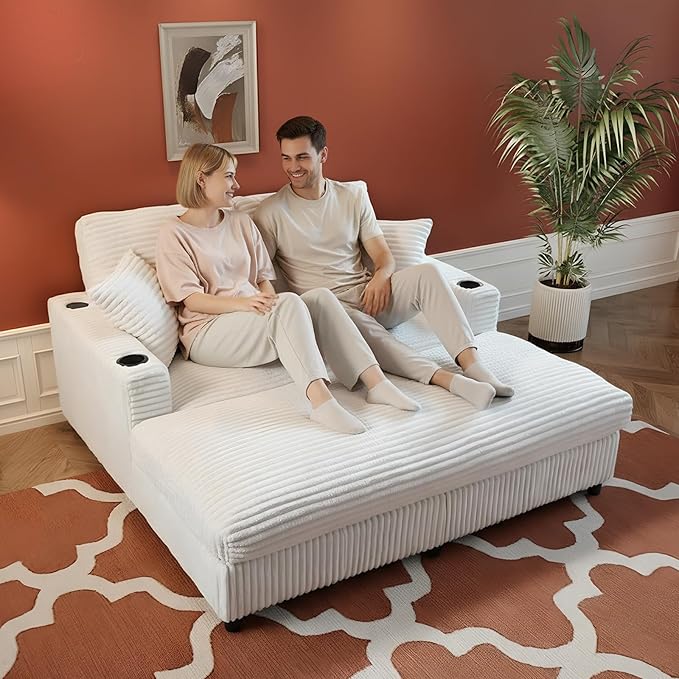 65" Oversized Chaise Lounge Chair Indoor, Upholstered Sofa Bed with Pillows & 2 Cup Holders, Sleeper Couch Comfy Corduroy Recliner Chair for Living Room, Movie Room, Bedroom, White