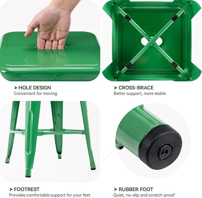Vogue Furniture Direct 24 Inch Metal Bar Stools, Backless Counter Height Barstools, Indoor Outdoor Stackable Stools with Square Seat, Set of 4 (Green)