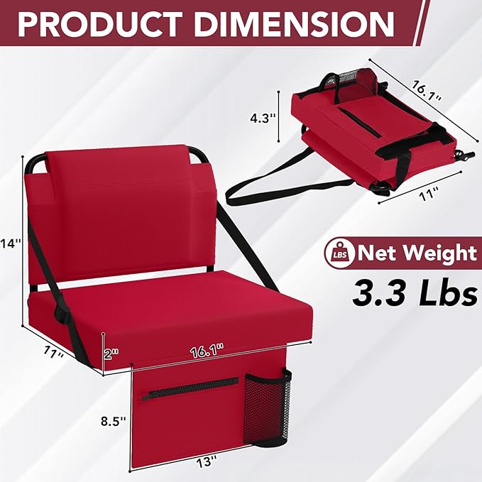 Stadium Seat 2 Pack for Bleachers with Back Support,Portable Bleacher Chairs with Back and Cushion，Maroon