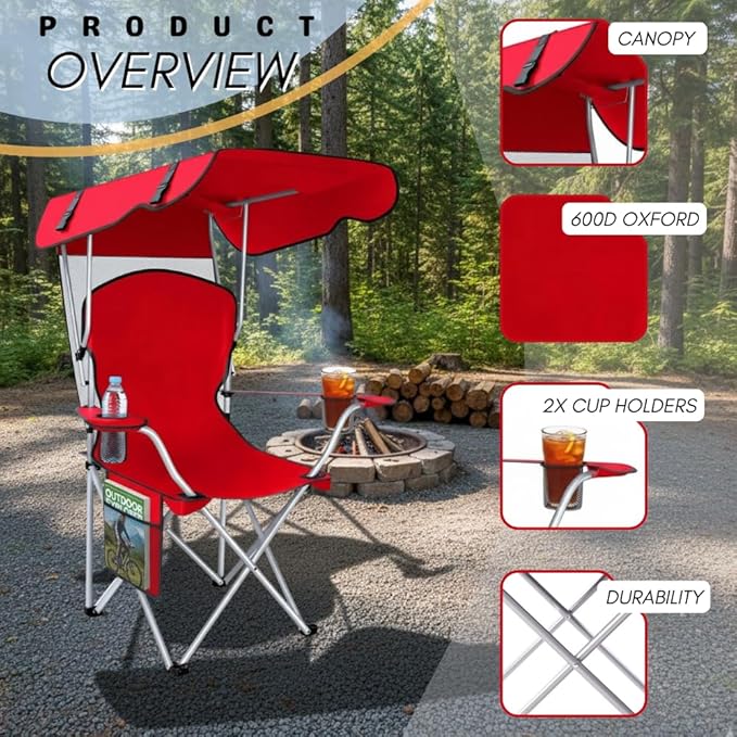CozyBox Portable Folding Camping Chairs with Canopy Shade, Beach Chair for Adults, Durable Weather Resistant 600D Oxford Cloth, Camping Chair with Canopy for Outdoors [Red]