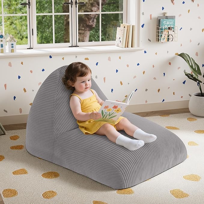 COMAX Bean Bag Chairs for Kids, Kid Beanbag Chair with Filler, Toddler Lounge Bean Chair Corduroy, Lazy Floor Lounger for Girls and Boys Stuffed, Light Grey