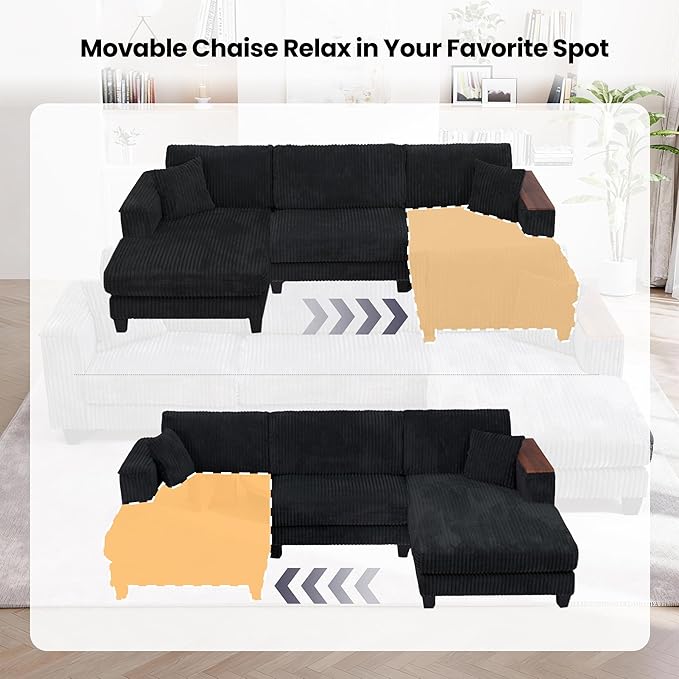 FurniMix 4-Seat Corduroy Sectional Sofa with Swappable Chaise, Soft Upholstery, Wide Seats & Armrest Storage,Black