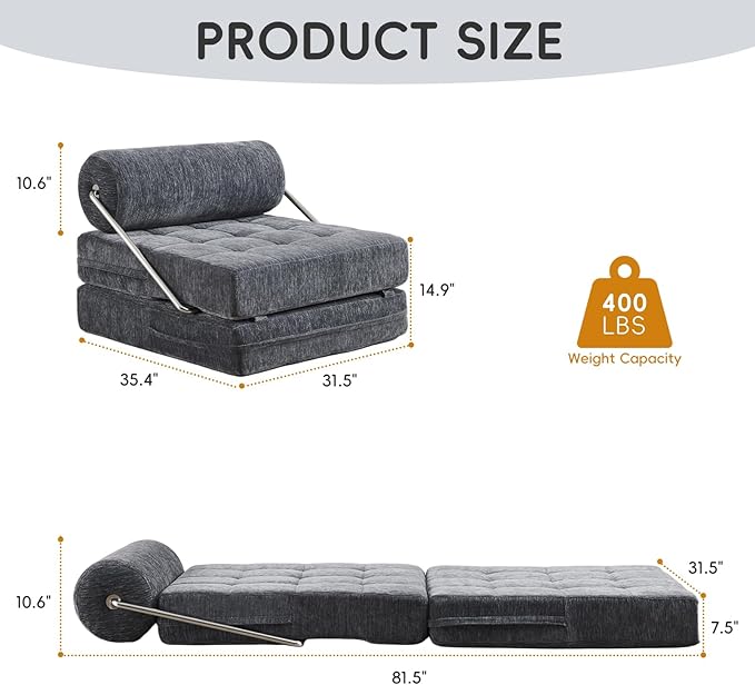 4-in-1 Folding Sofa Bed, Easy Assembly Chenille Boneless Couch, Convertible Sleeper Chair with Back Support, Small Floor Futon Sofa for Living Room & Bedroom, Single (Grey)
