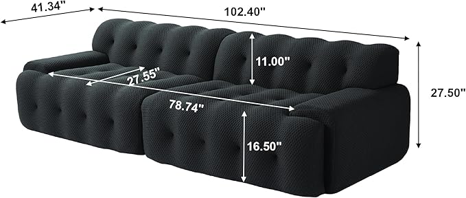 102.4inch Modular Sectional Couch,Oversized Loveseat Sofa, 3D Mesh Fabric Comfy Cloud Sofa Couches, Curved Couch for Living Room, Office, Apartment,No Assembly Required (Black, 102.4")