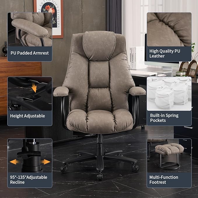 ATMILD Office Chair Big and Tall, High Back Ergonomic Office Chair with Padded Armrest, 400 lbs,PU Leather (Grey)