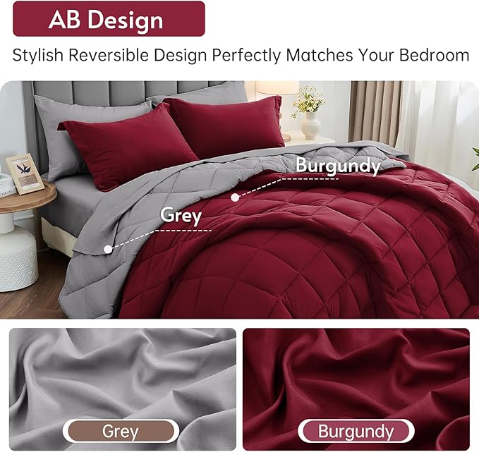 MUXHOMO 7 Pieces Queen Comforter Set, Reversible Bed in a Bag Queen Size, All Season Bedding Set with Comforter, Flat Sheet, Fitted Sheet, Pillowcases & Shams, Burgundy & Grey