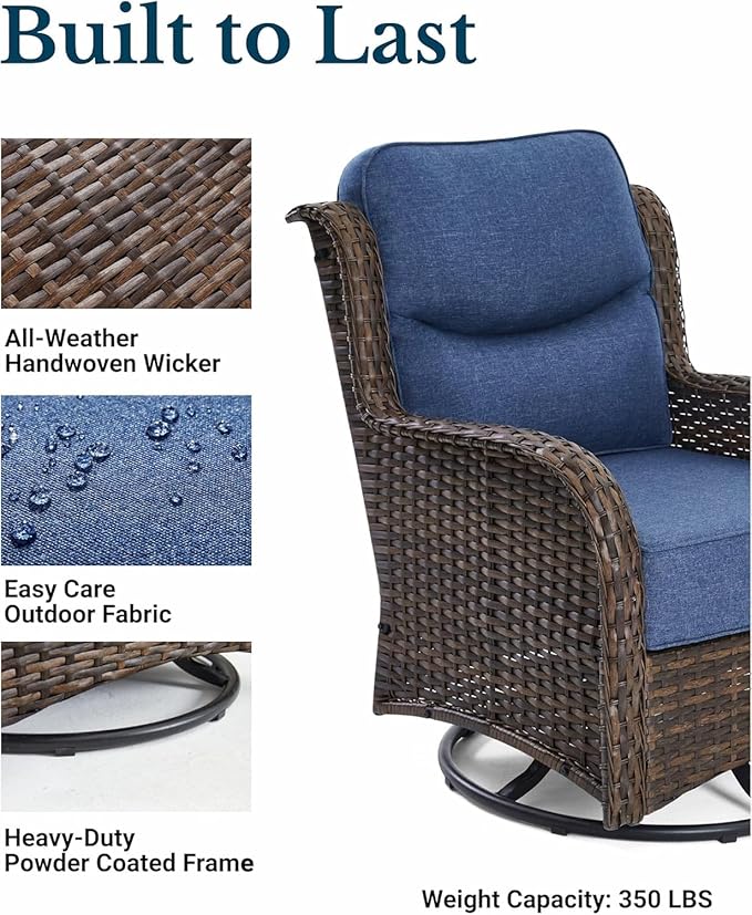 HILLGA Luxury Patio Furniture Set with 6-inch Thick Cushion, Outdoor High Back Swivel Rocker Patio Chairs, 6PCS Wicker Conversation Set for Deck Yard and Poolside, Blue (V2)