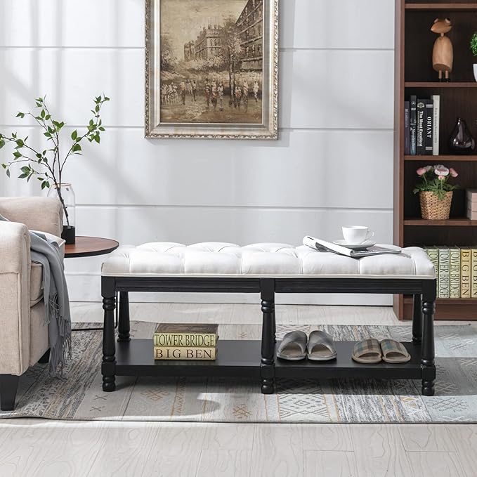 Farmhouse Storage Bench Wooden Entryway Linen Upholstered Ottoman Button Tufted Bench with Black Legs for Bedroom End of Bed Hallway Organizer, Beige, 45 Inch