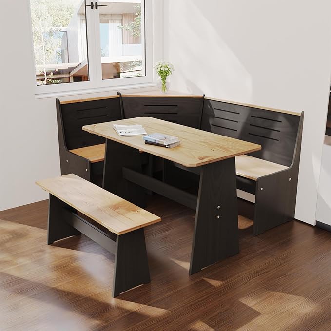 Breakfast Nook Table Set – L-Shaped Corner Dining Bench Set, Kitchen Nook Booth Dining Table, Space-Saving Banquette Seating for Apartment or Dining Room, Modern Black Wood Corner Table Set